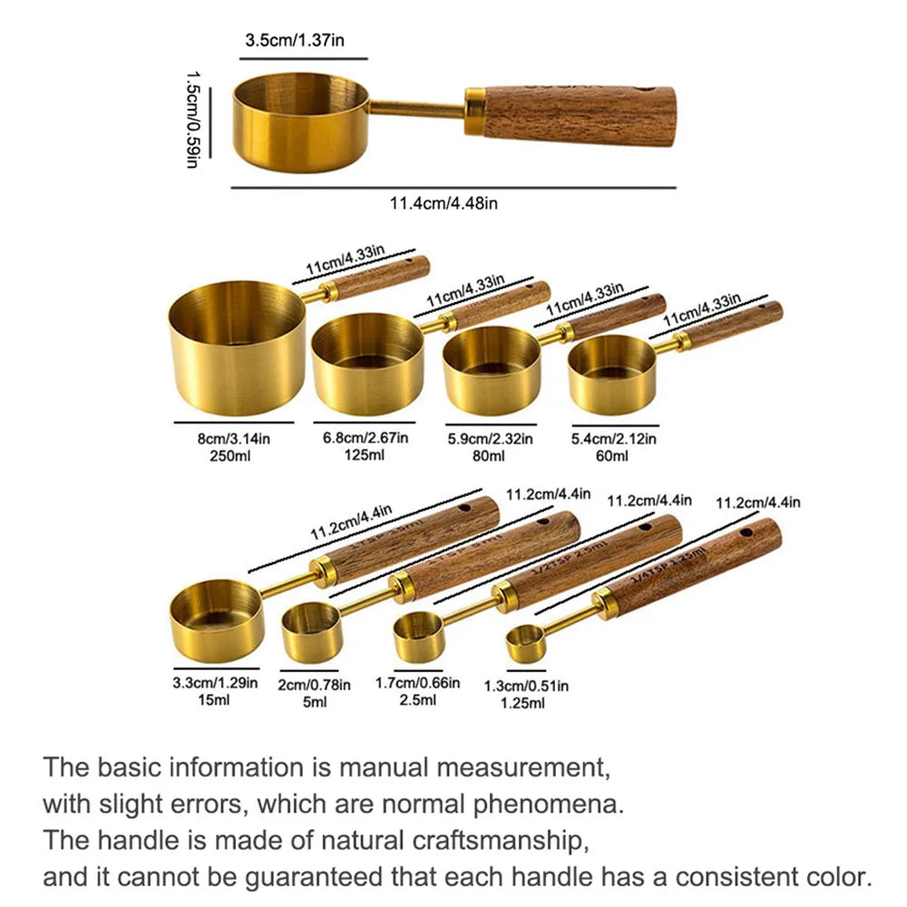 Gold Wooden Handle Measuring Cups, Spoons