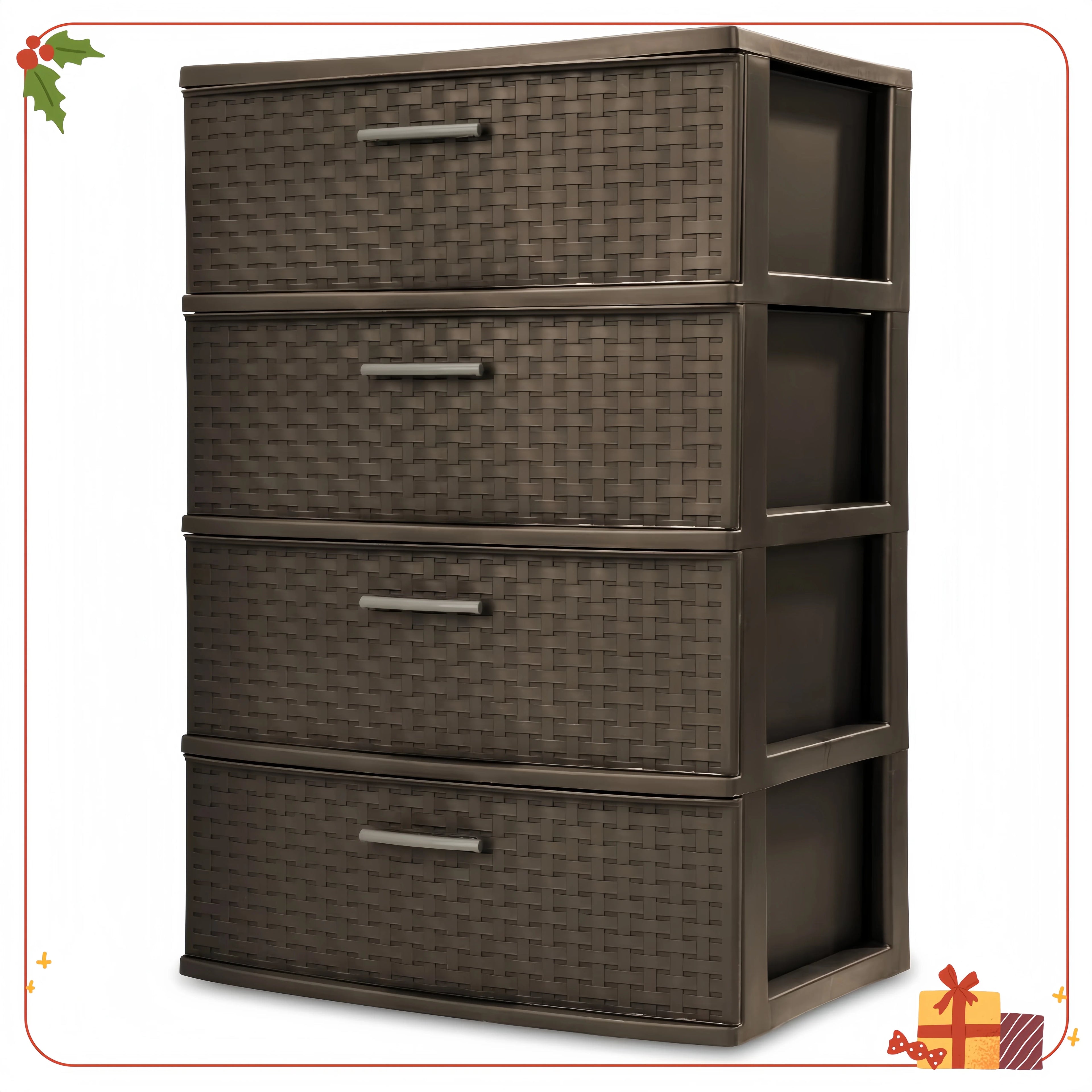 4-Drawer Wide Weave Tower Brown, Plastic Cabinet