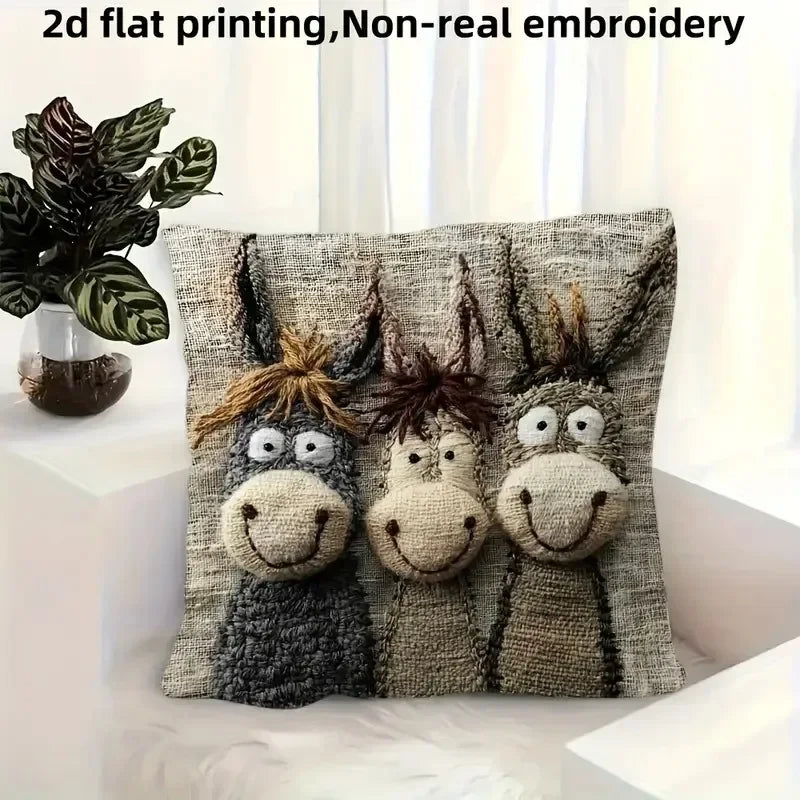 Donkey-Patterned Burlap Pillowcase