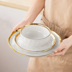 12/24 Pc Ceramic White / Golden Rim Set