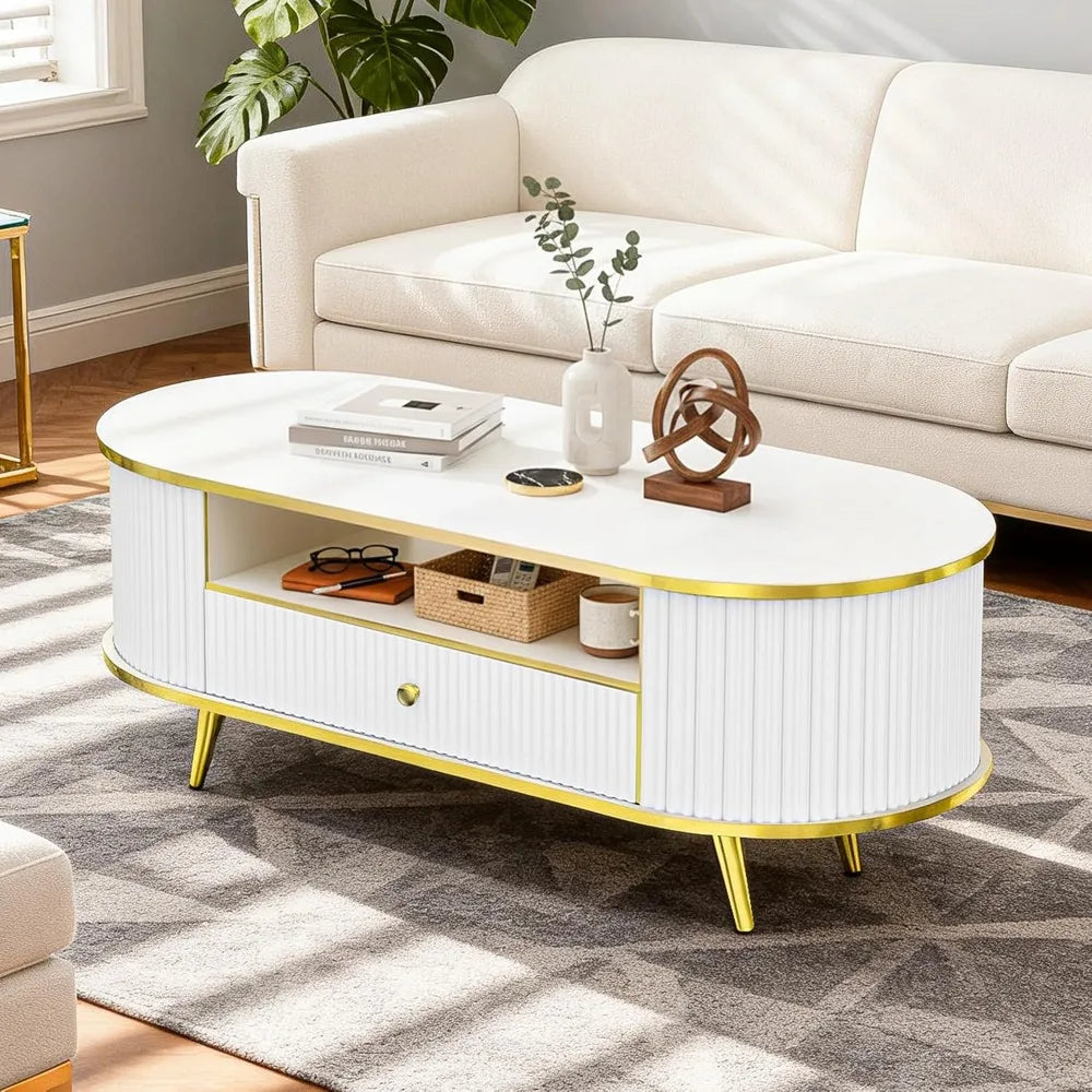 47" Fluted Coffee Table, Lights, Storage, Oval