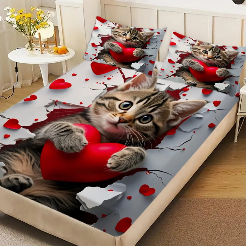 Tabby Cat with Red Heart, Fitted Sheet
