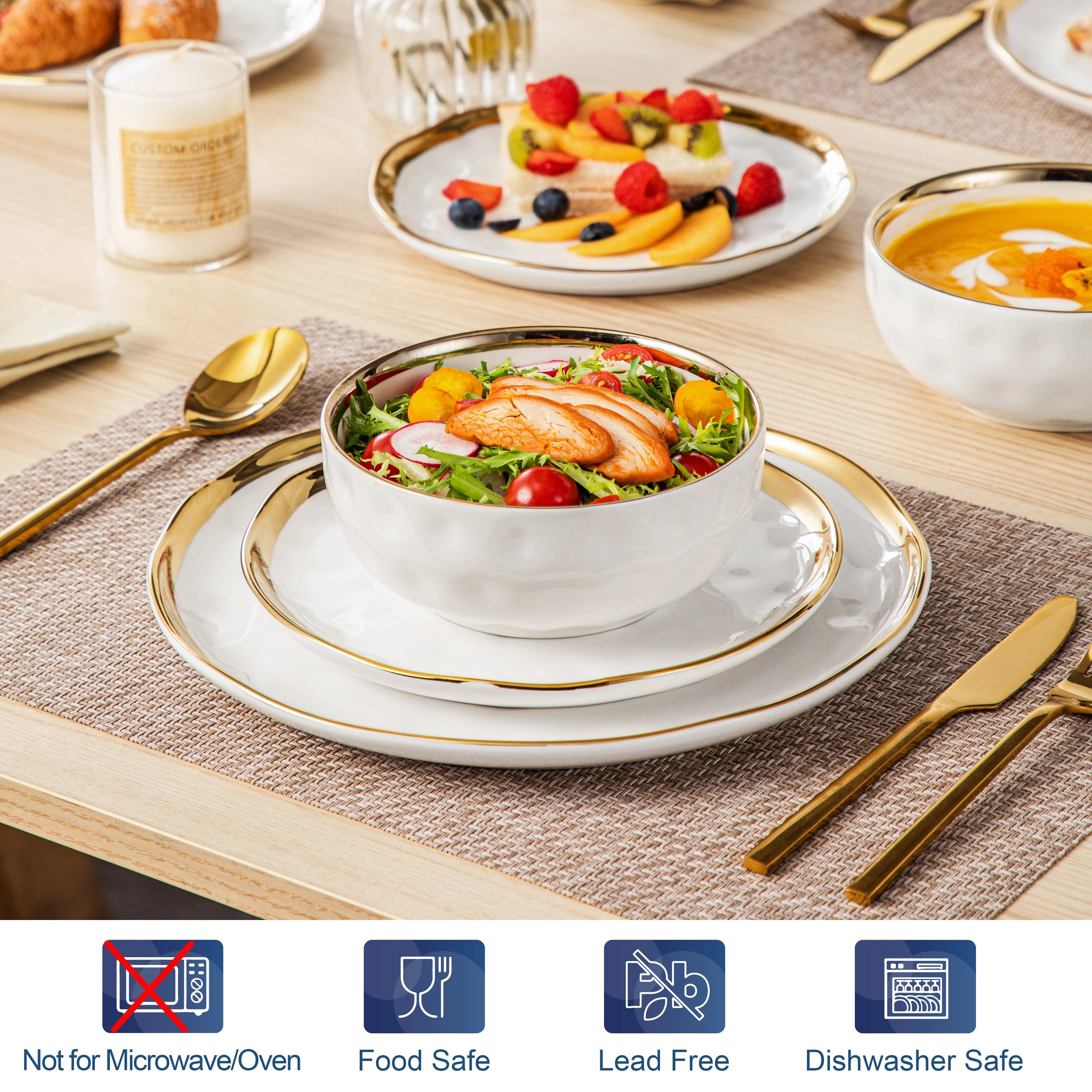 12/24 Pc Ceramic White / Golden Rim Set