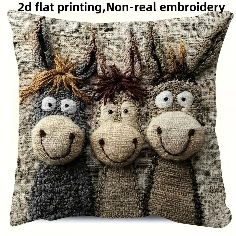 Donkey-Patterned Burlap Pillowcase