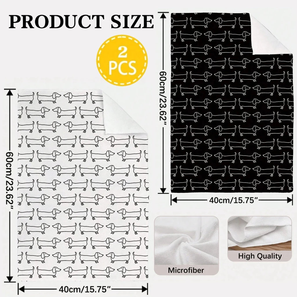 2pcs Black & White Dachshund Kitchen Towels