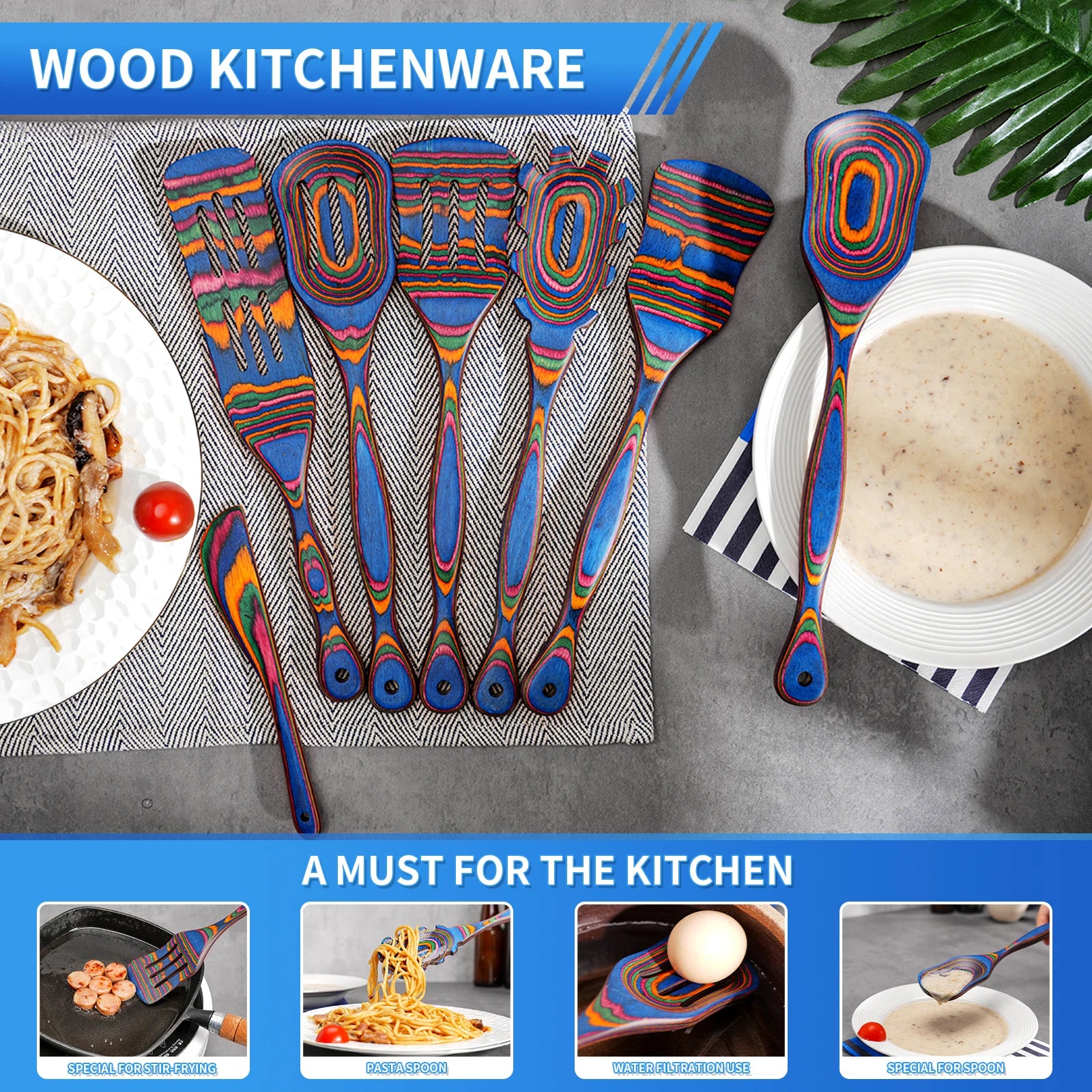 7Pcs Blue Wooden Cooking Utensils