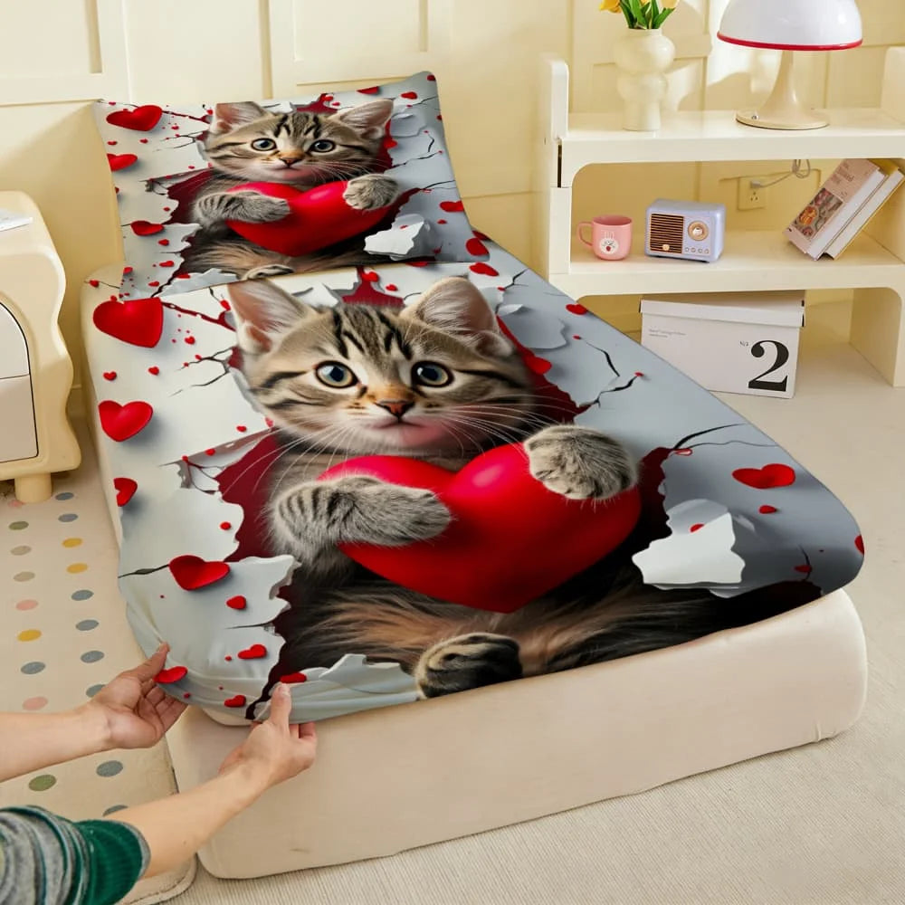 Tabby Cat with Red Heart, Fitted Sheet