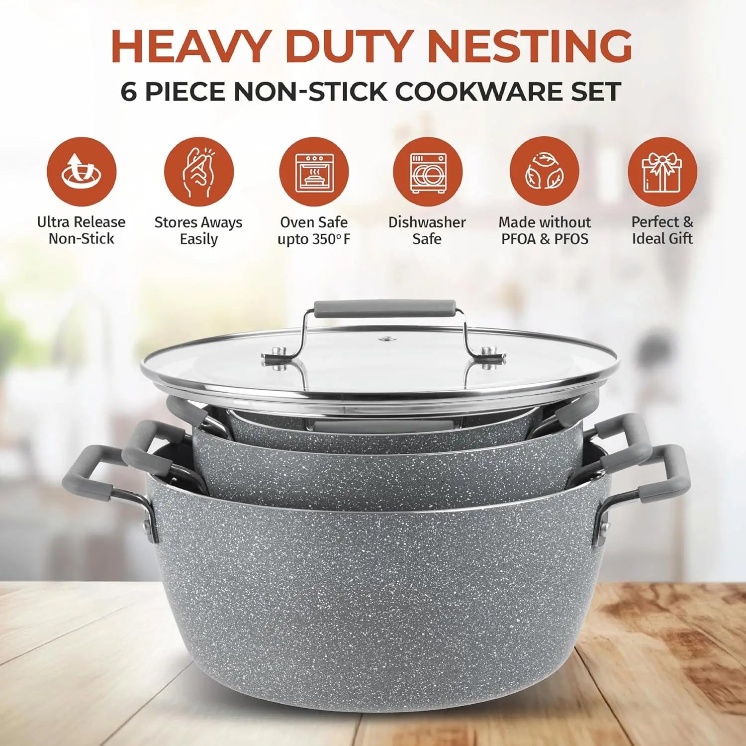Nonstick Stackable Cooking Pots Set, 6-Piece Gray