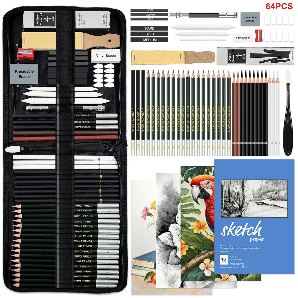 14/26/64/126 PCS Sketching Set, 3-Color Sketchbook, Blending Tools