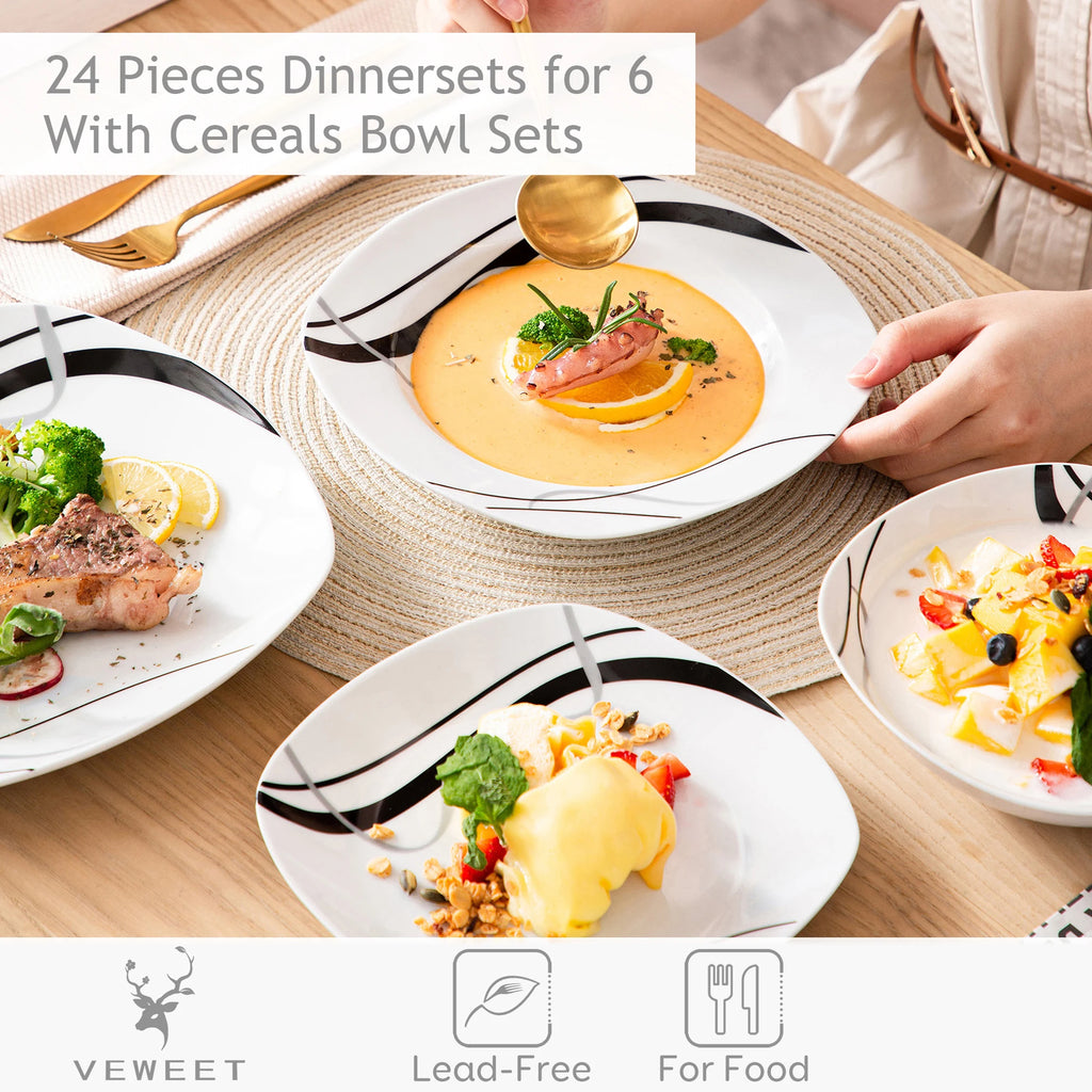 18/36-Pc. Porcelain Ceramic Black Line Plate Set