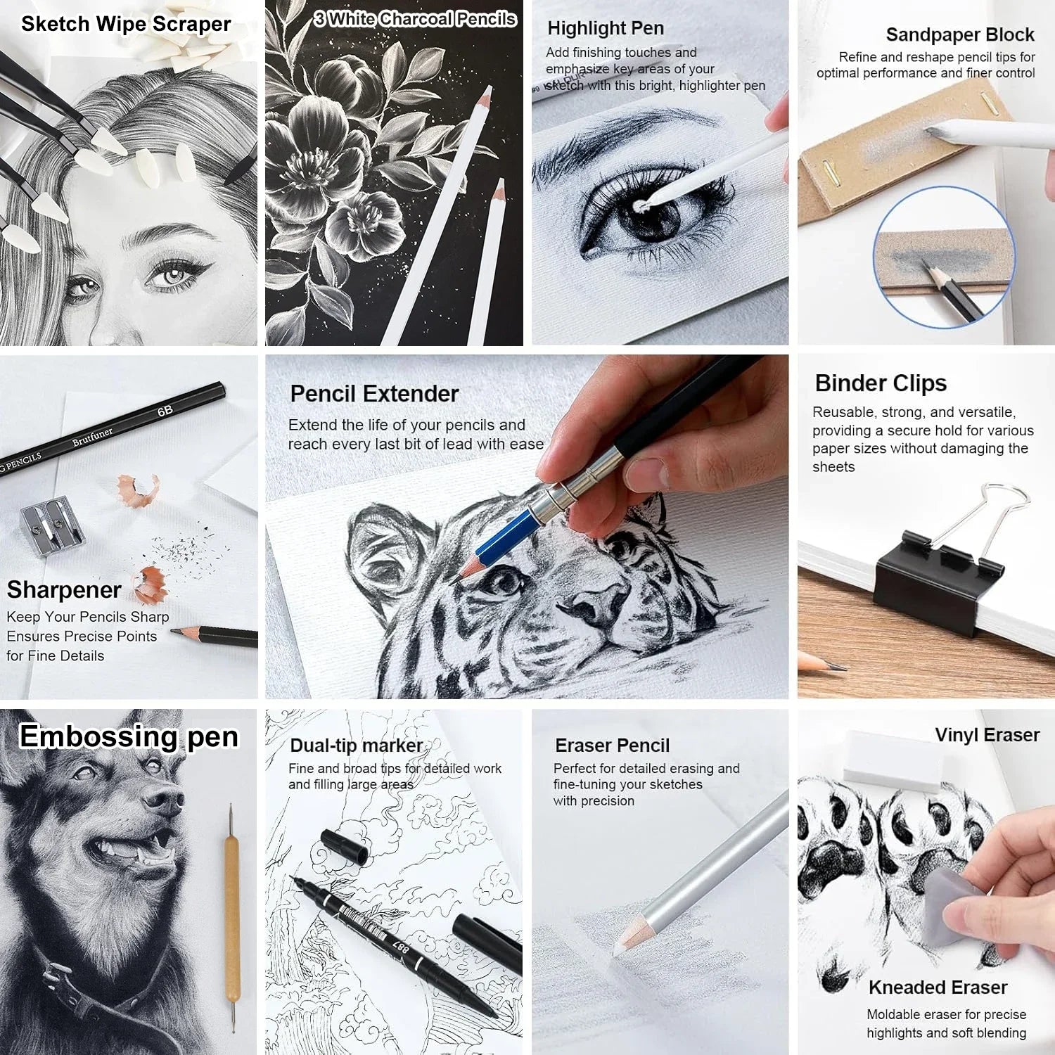 14/26/64/126 PCS Sketching Set, 3-Color Sketchbook, Blending Tools