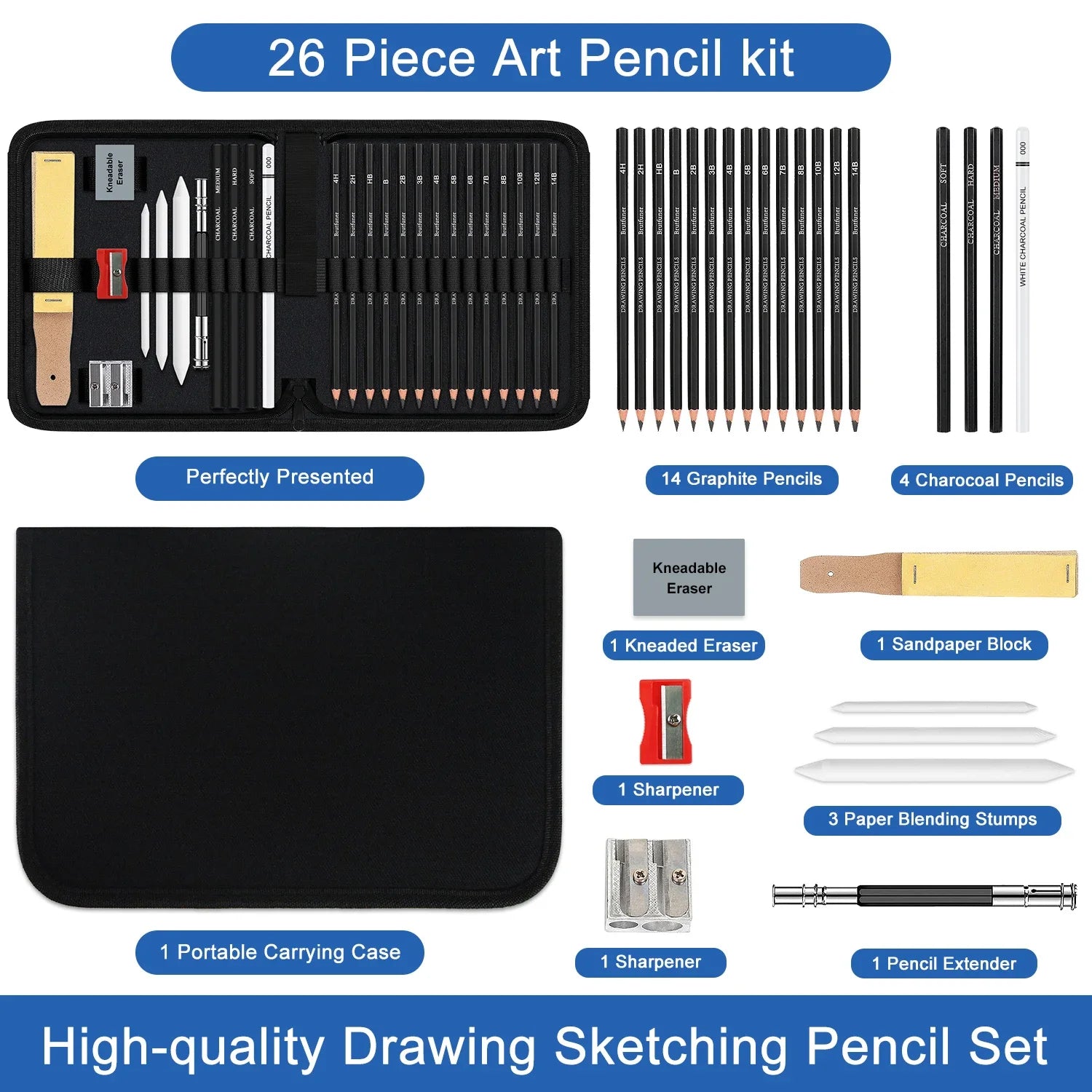 14/26/64/126 PCS Sketching Set, 3-Color Sketchbook, Blending Tools