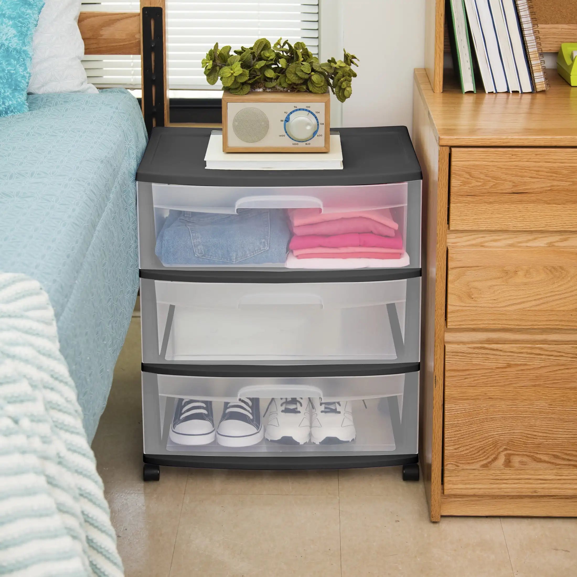 Drawer-style  three-tier transparent plastic storage with wheels