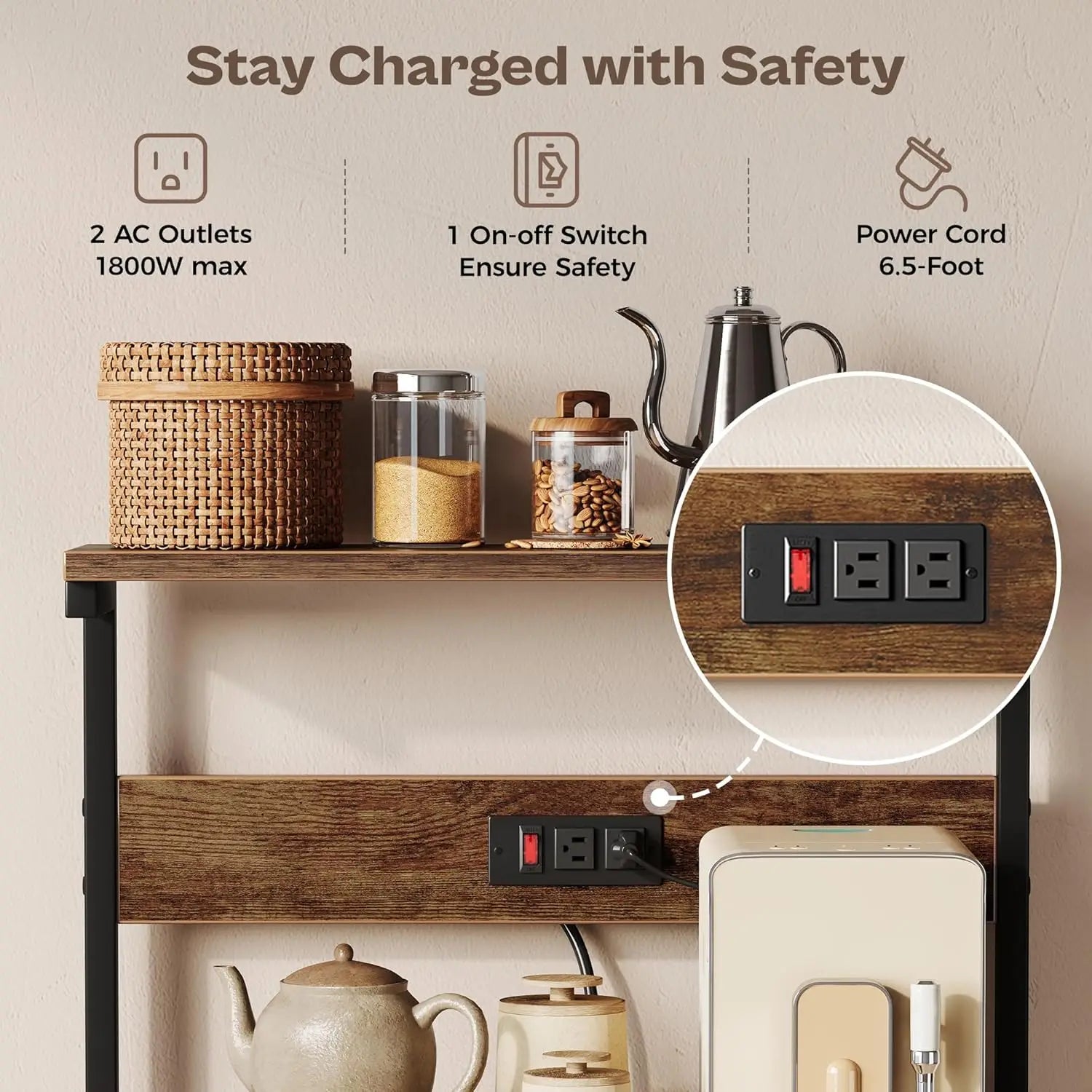 Kitchen Bakers Rack with Power Outlet Brown