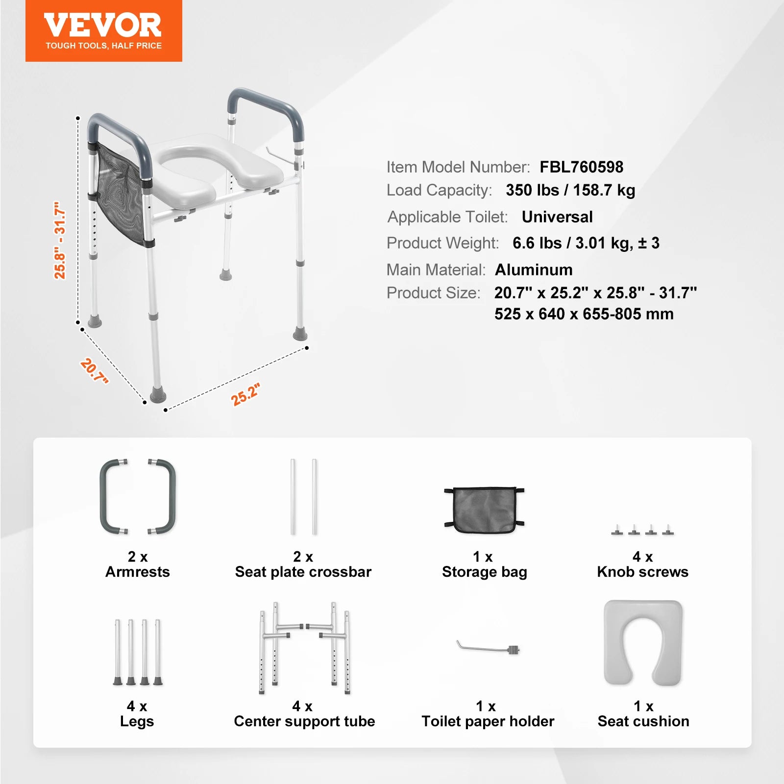 Raised Toilet Seat/ Padded Aluminum Frame