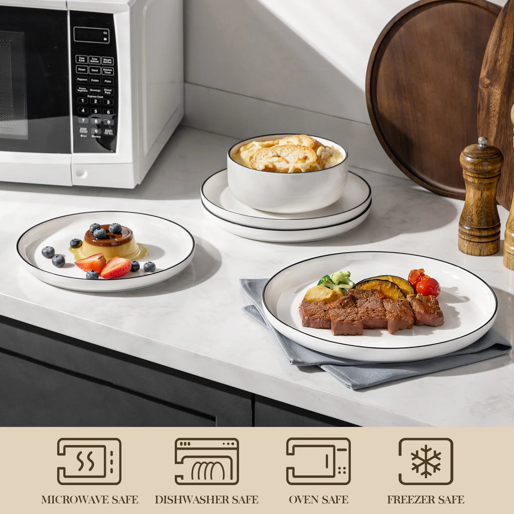 12/24 Pc  Black Rim Ceramic  Dinnerware Set