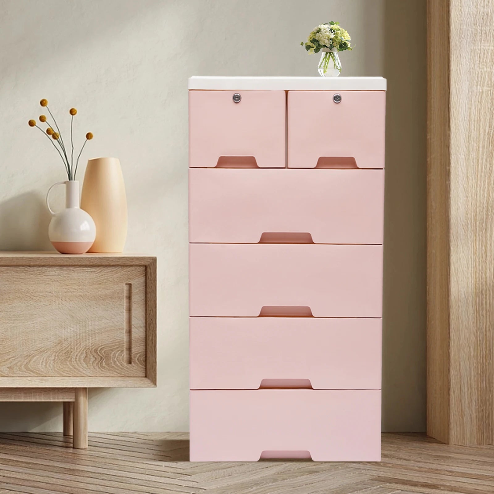 Pink Storage Cabinet/ 6 Drawers/ Lock