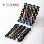 Set of 24 Pcs 48 Colors dual brush glitter markers arranged in a clear storage case.