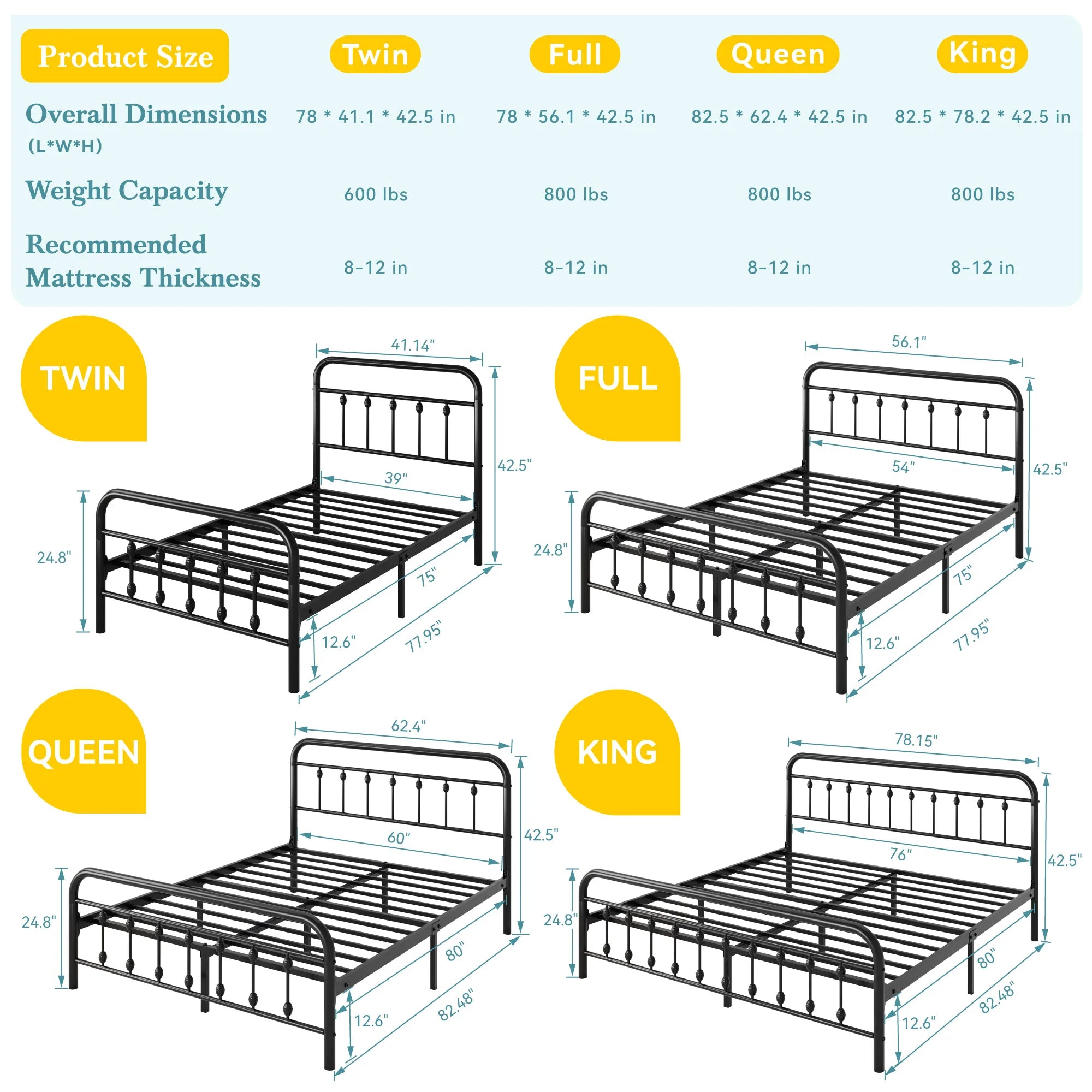 HOOMIC Metal Bed Frame With Iron Headboard/Footboard,