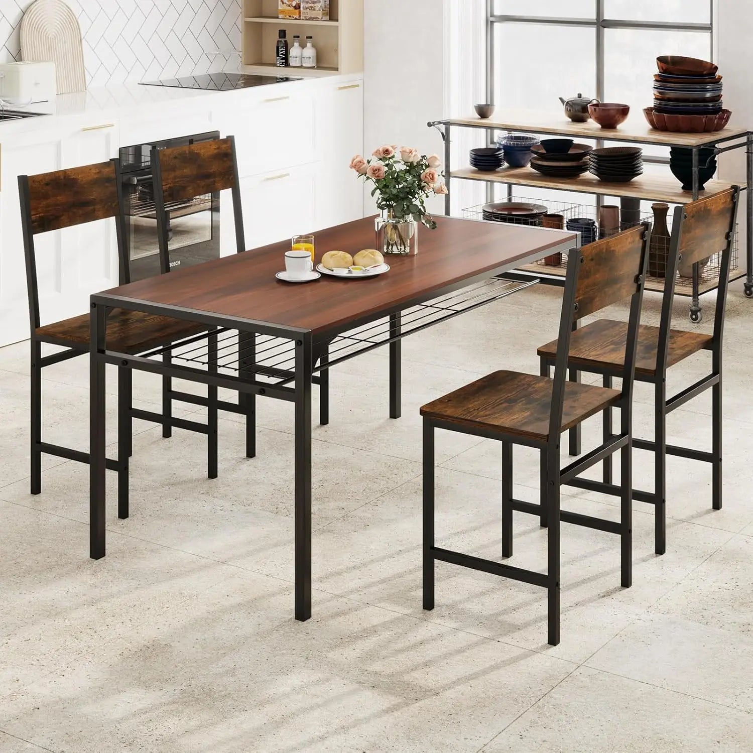 Dining Chairs Set of 4, Industrial Kitchen Chairs with Metal Legs, Slanted Back, Rustic Wood Grain, Armless Side, Customized