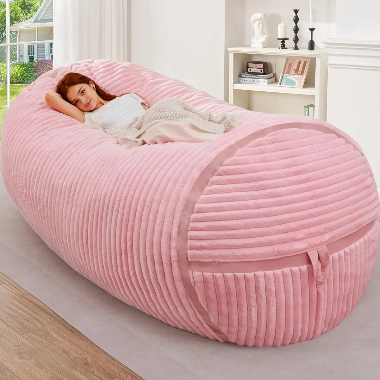 6' Bean Bag Chair, Soft Faux Fur , Pink