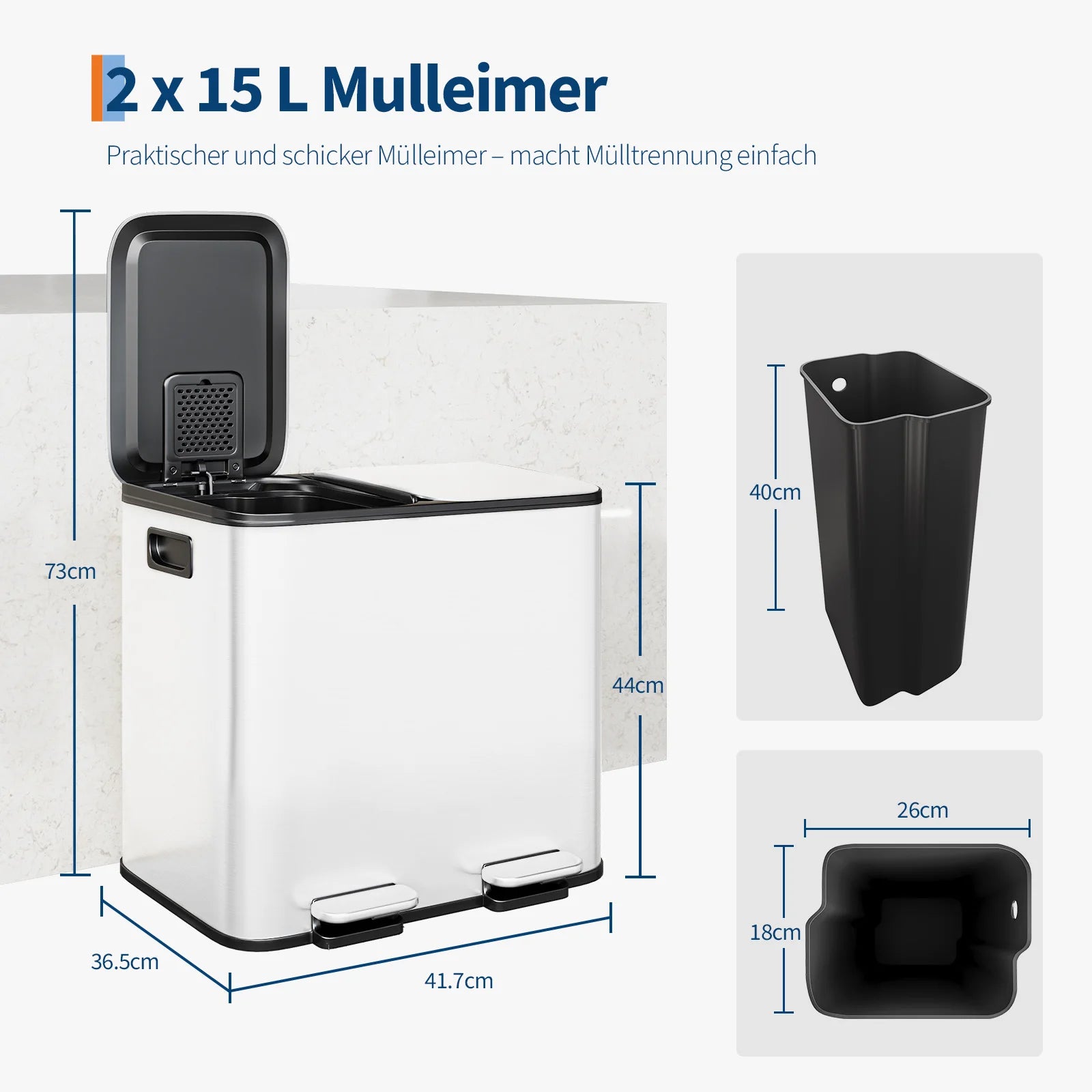 Dual Compartment Kitchen Trash Can, 30L (2 x 15L)
