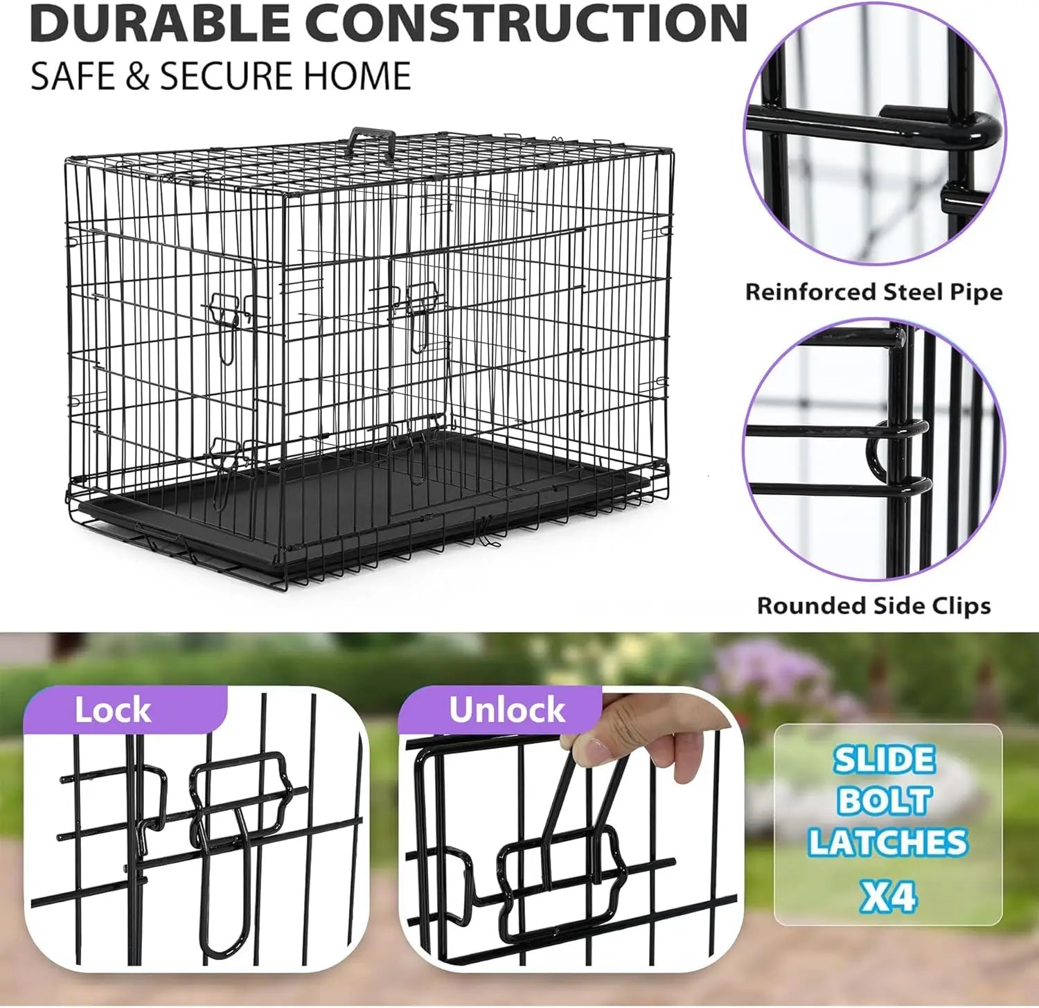 Black Foldable Metal Kennel Double Doors