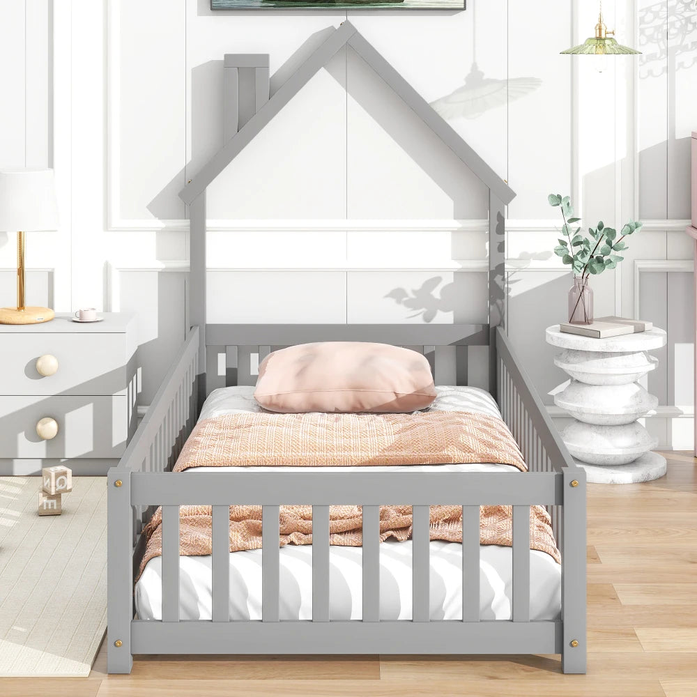 Twin House-Shaped Headboard Floor Bed