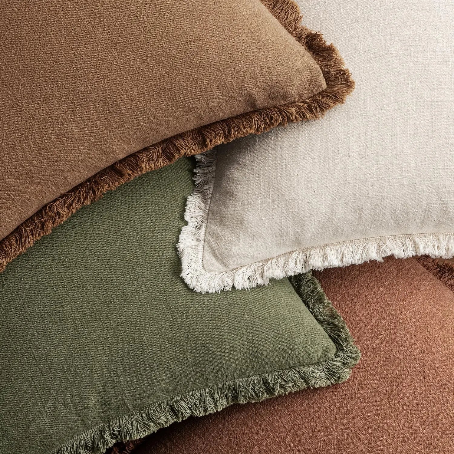 4 Neutral Linen Fringe Throw Pillows