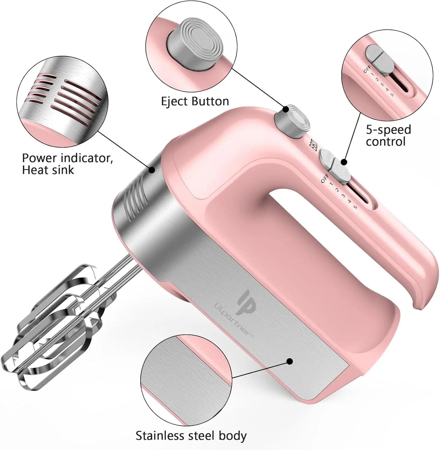 450W Electric Hand Mixer, Scale Cup, Pink