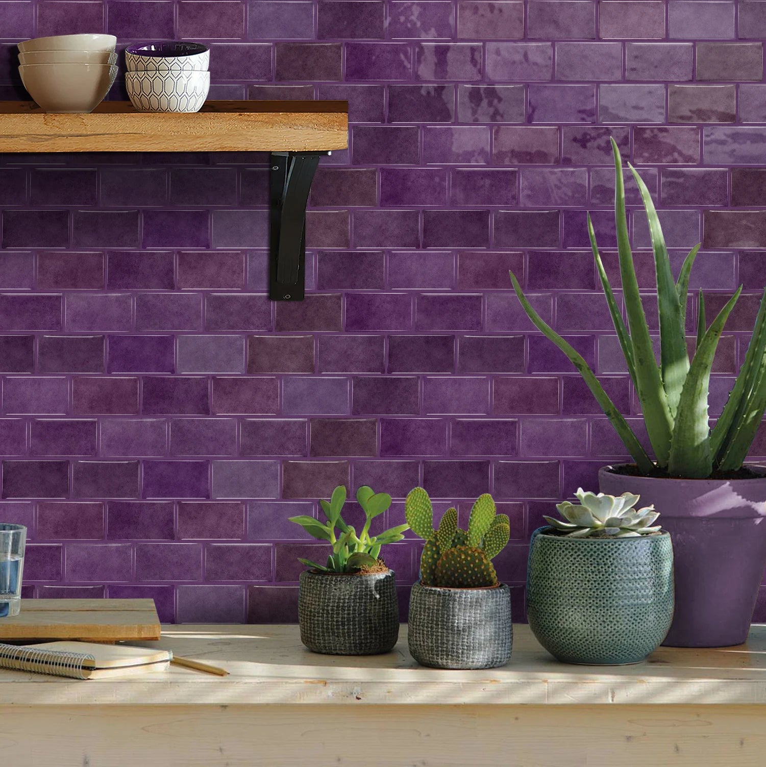 Deep purple dyed self-adhesive wall tiles