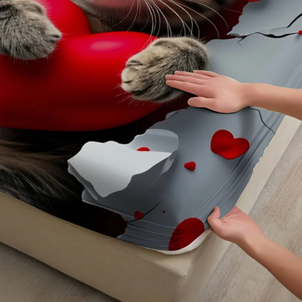 Tabby Cat with Red Heart, Fitted Sheet