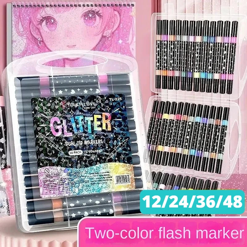 Dual Brush Glitter Markers set in a clear case, featuring vibrant colors and double-ended design for creative projects.