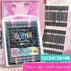 Dual Brush Glitter Markers set in a clear case, featuring vibrant colors and double-ended design for creative projects.