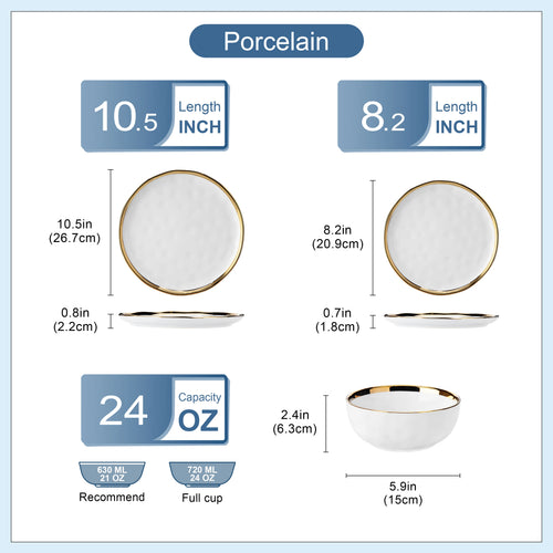 12/24 Pc Ceramic White / Golden Rim Set