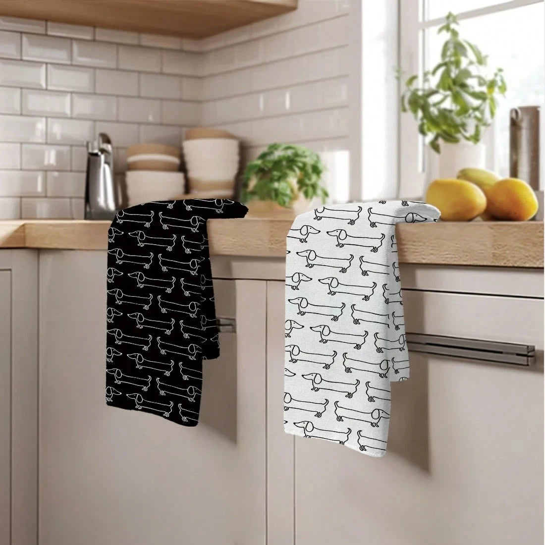 2pcs Black & White Dachshund Kitchen Towels