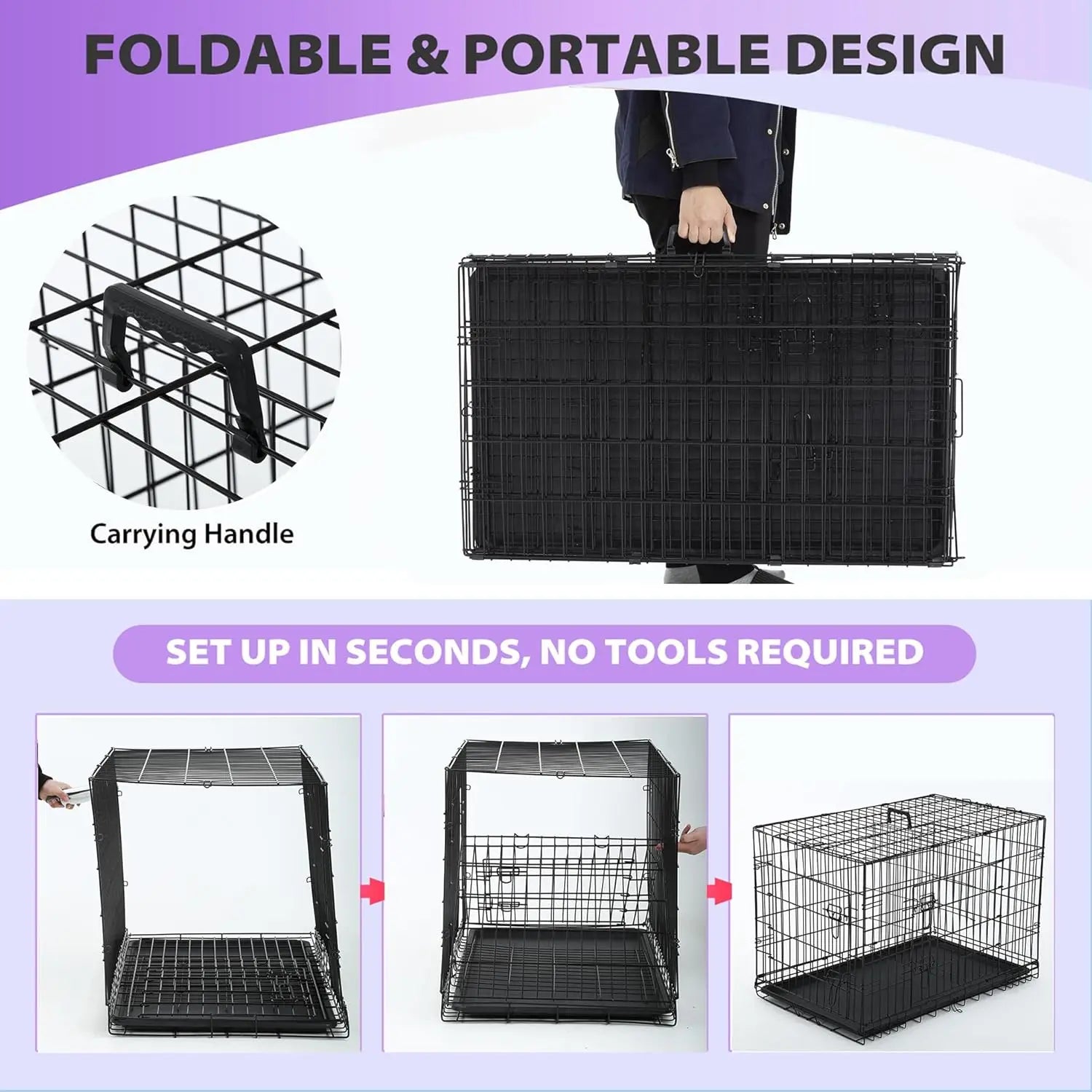 Black Foldable Metal Kennel Double Doors