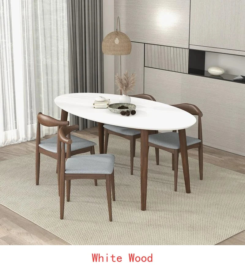 Modern Walnut Oval Table, 4 Chairs