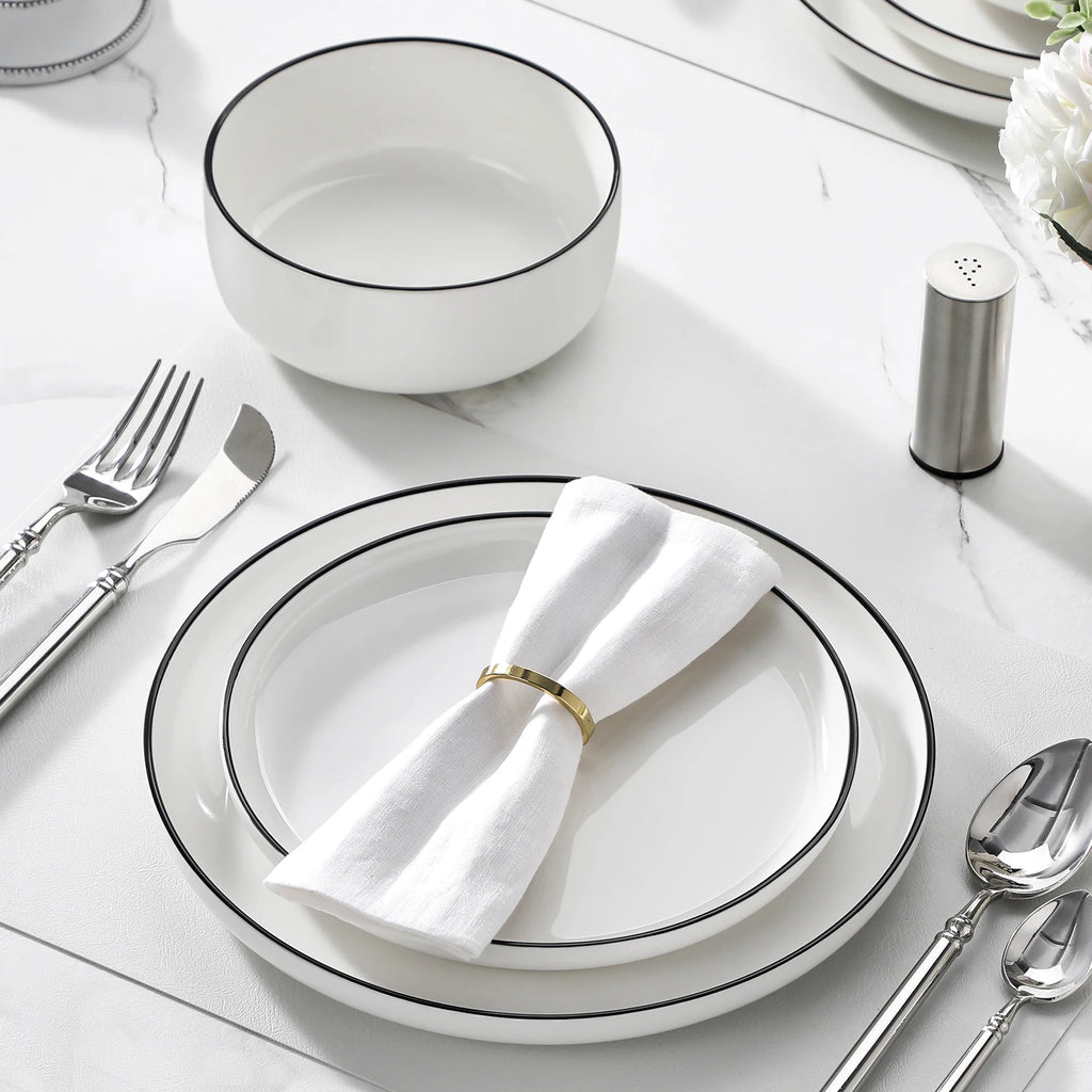 12/24 Pc  Black Rim Ceramic  Dinnerware Set