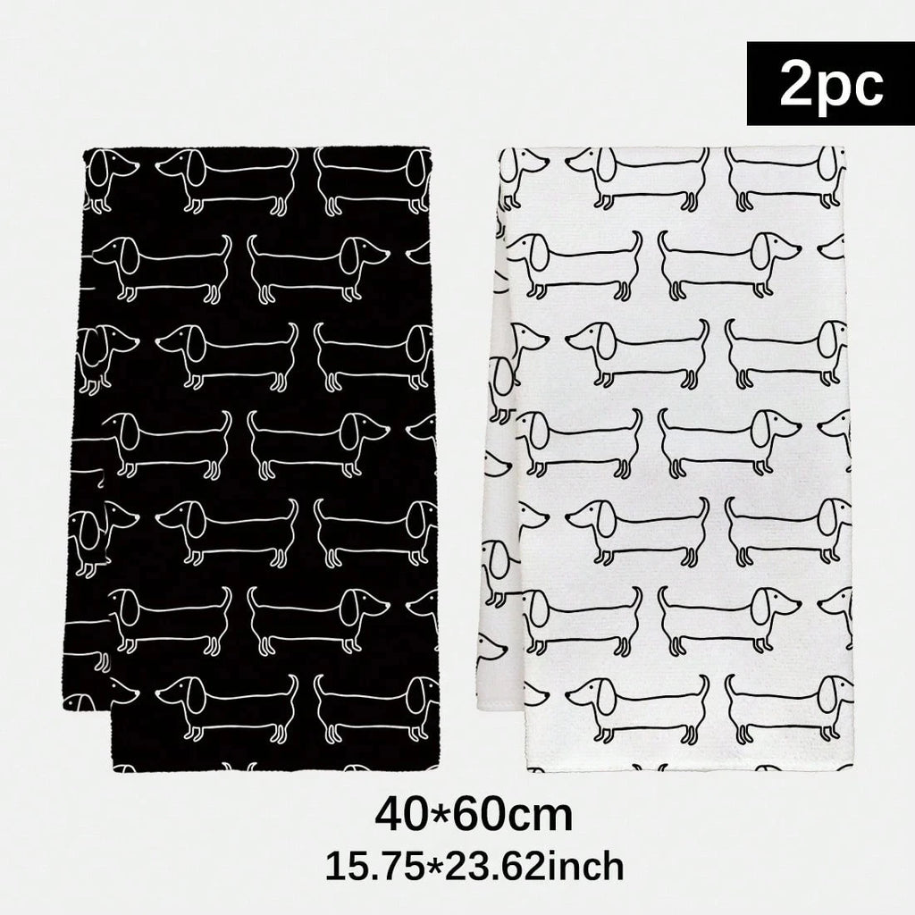 2pcs Black & White Dachshund Kitchen Towels