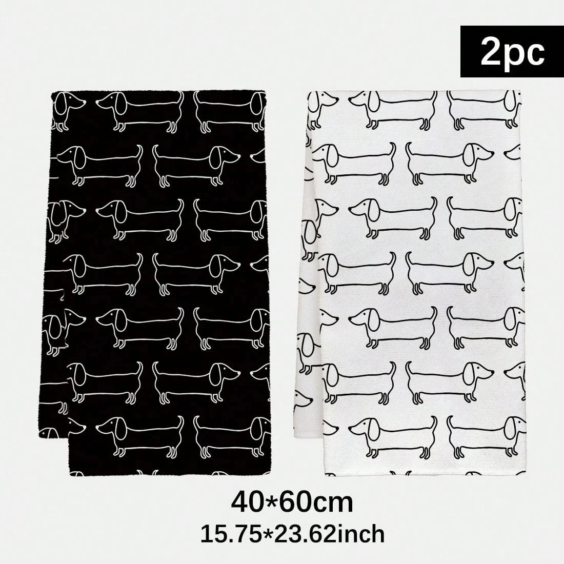 2pcs Black & White Dachshund Kitchen Towels
